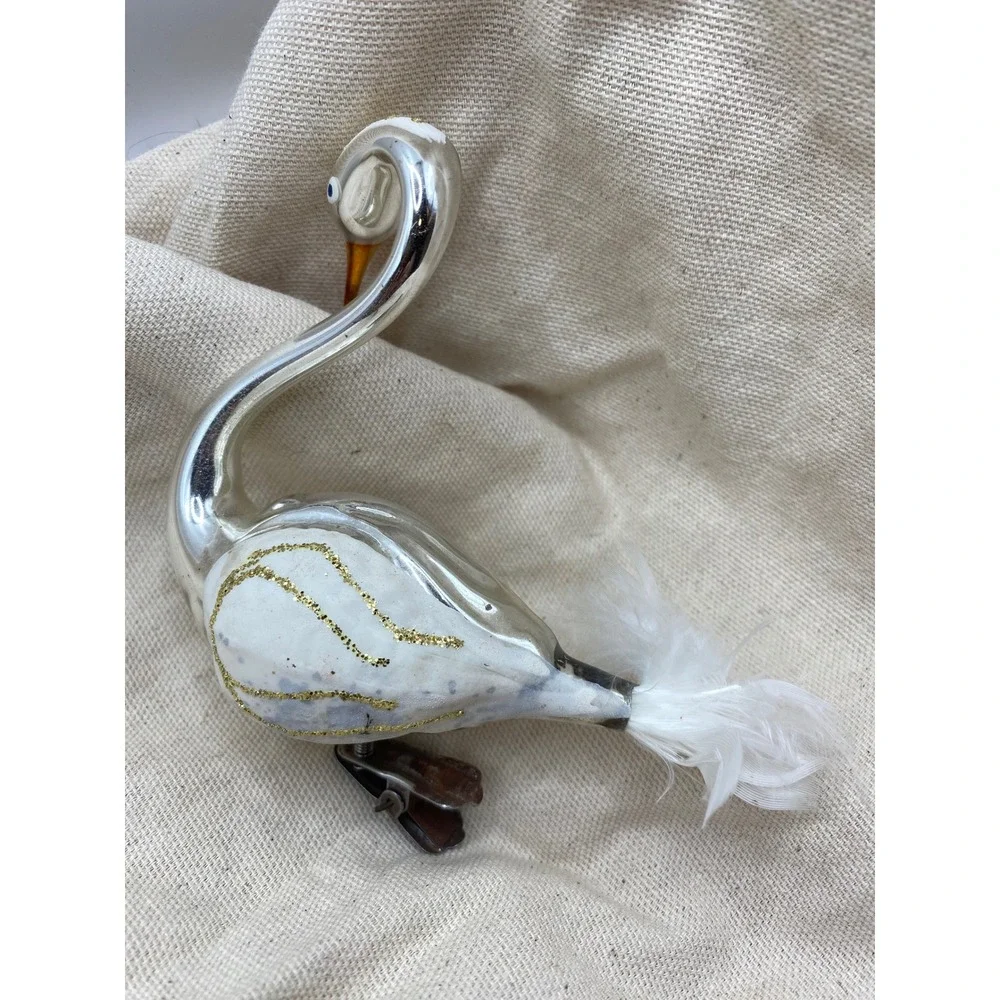 Vintage Glass Swan Ornament‎ White Gold Glitter Clip On Feather Tail Christmas
